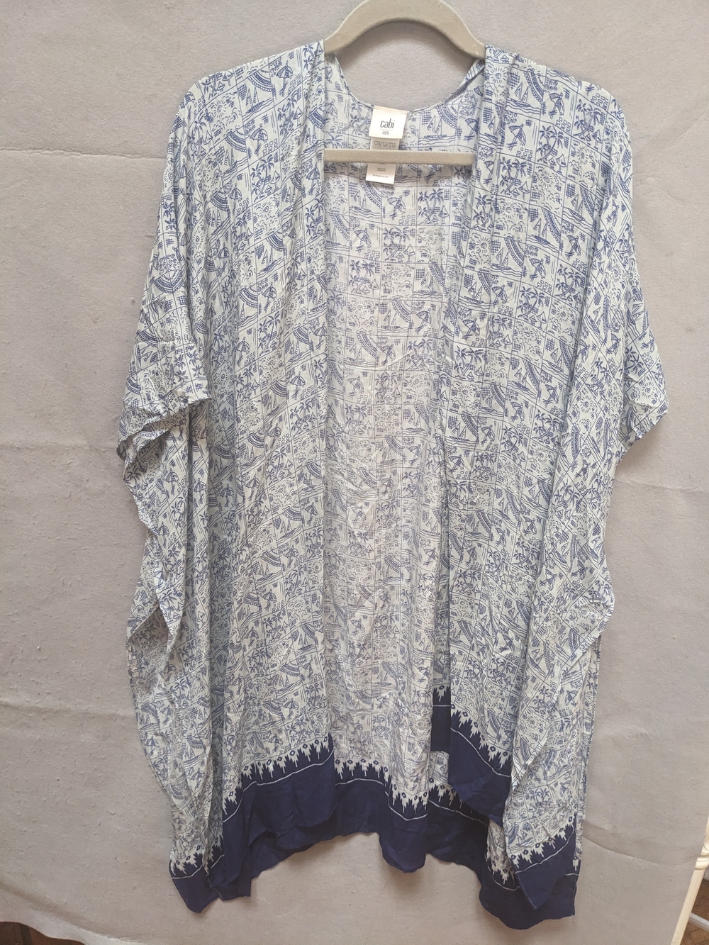 CAbi Blue and White Printed Swim Coverup Kimono
